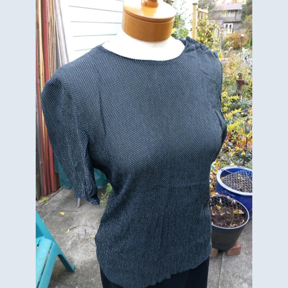 Top: Silk, black polka dot, short sleeve. Size small - by Gloria Sachs